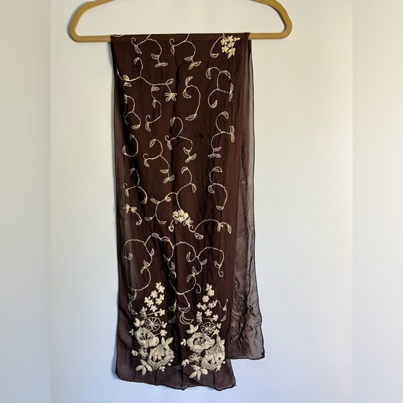 A.BROD Accessories - A.BROD 100% RAYON MADE IN INDIA BROWN/BEIGE EMBROIDERED FLORAL SHEER SCARF